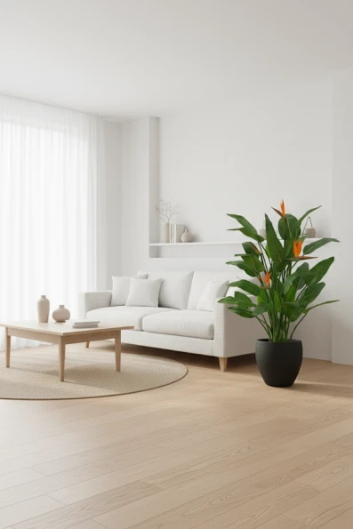 Artificial Flowering Bird of Paradise in Black Easington Pot - 120cm