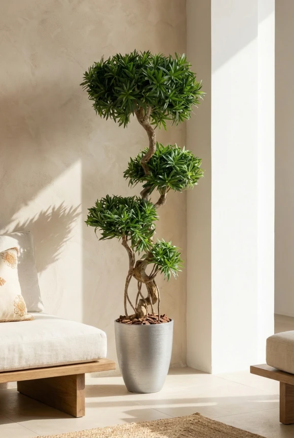 Artificial Podocarpus Cloud in Silver Buxley Pot - 150cm