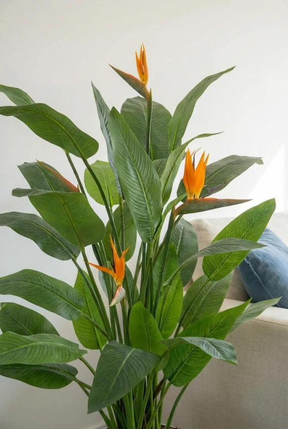 Artificial Flowering Bird of Paradise in Silver Buxley Pot - 120cm