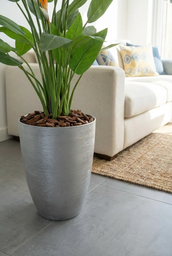 Artificial Flowering Bird of Paradise in Silver Buxley Pot - 120cm