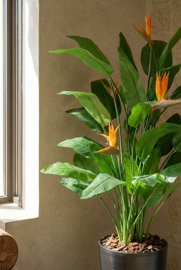 Artificial Flowering Bird of Paradise in Charcoal Buxley Pot - 120cm