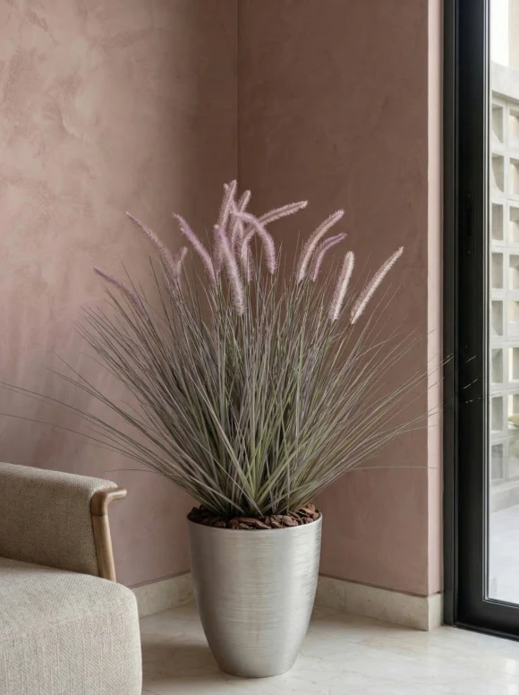 Artificial Dogtail Grass in Silver Buxley Pot - 110cm