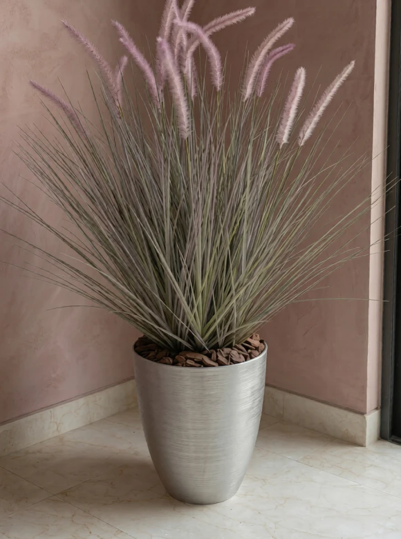 Artificial Dogtail Grass in Silver Buxley Pot - 110cm