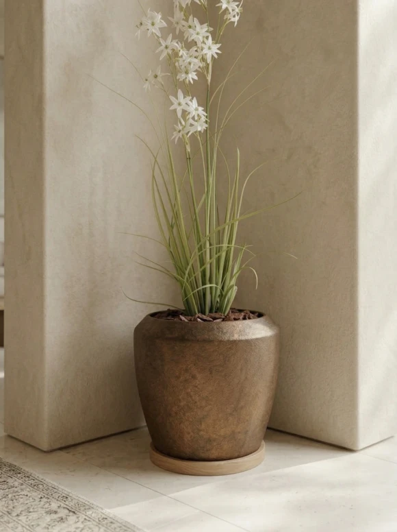 Artificial Allium Grass in Mocha Earle Dumpy Pot - 130cm