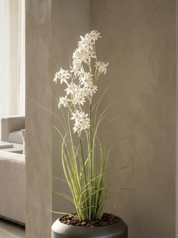 Artificial Allium Grass in Slate Earle Dumpy Pot - 130cm