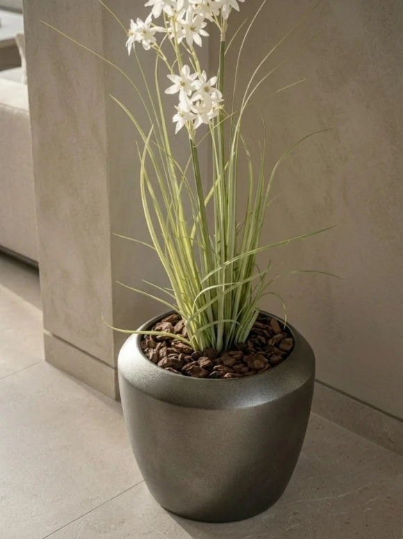 Artificial Allium Grass in Slate Earle Dumpy Pot - 130cm