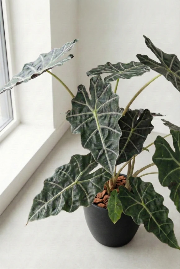 Artificial Alocasia in Black Easington Pot - 80cm