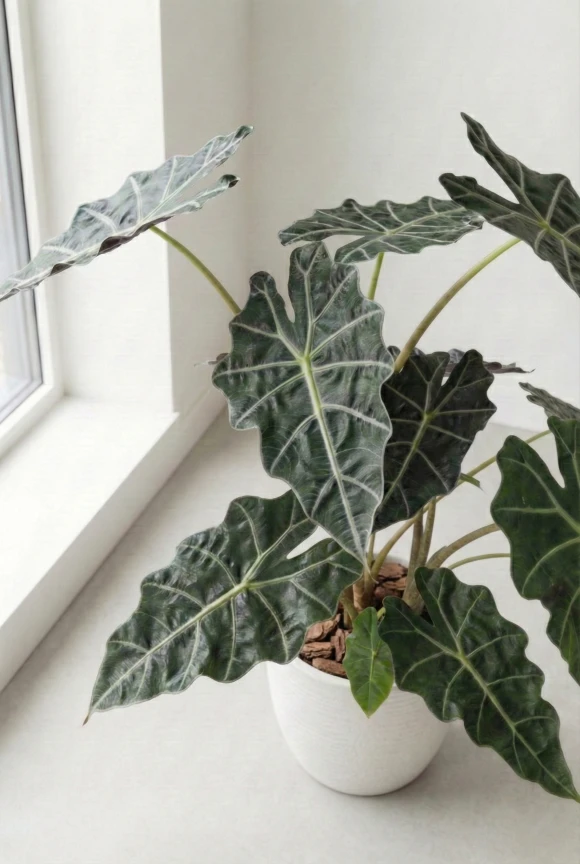 Artificial Alocasia in Black Easington Pot - 80cm
