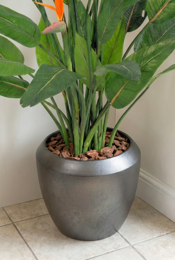 Artificial Flowering Bird of Paradise in Slate Earle Dumpy Pot - 120cm