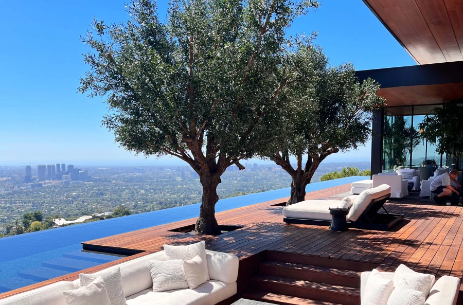 Luxury hilltop villa view over Los Angeles featuring bespoke custom designed artificial trees
